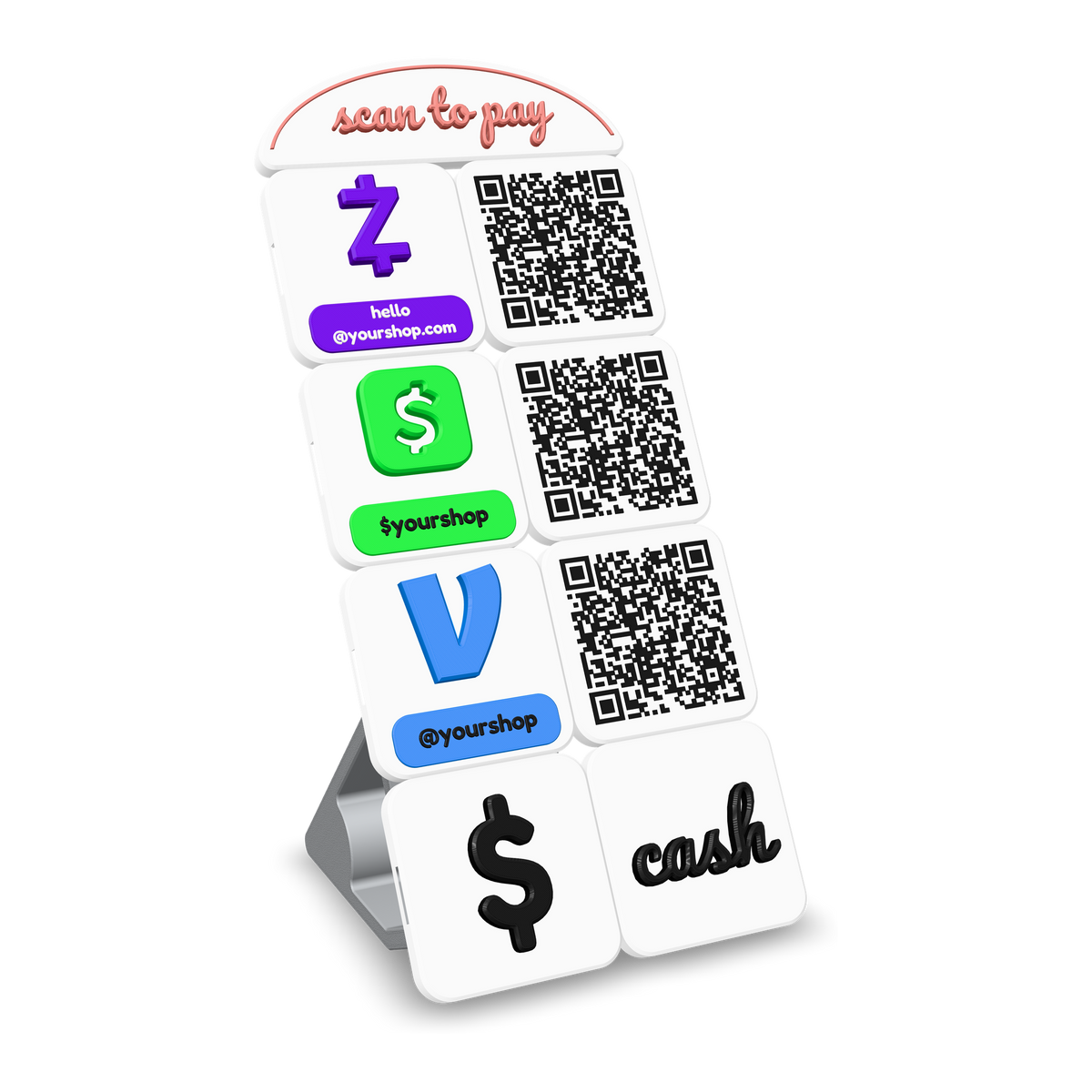 Example magnetic tile sign, 3D printed: Zelle, Cash App and Venmo tiles with QR codes, a dollar sign and "cash" under a scan to pay header, leaning on its printed kickstand