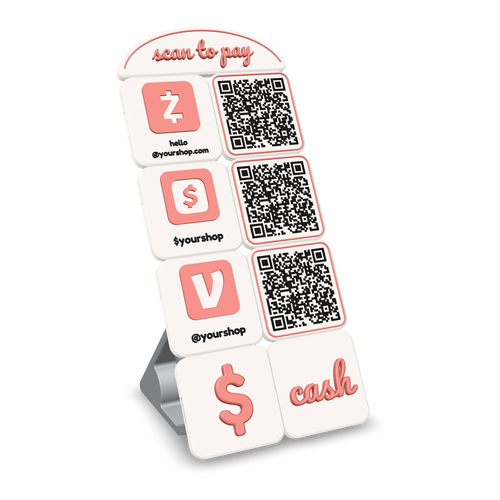 Example magnetic tile sign, 3D printed: Zelle, Cash App and Venmo tiles with QR codes, a dollar sign and "cash" under a scan to pay header, leaning on its printed kickstand