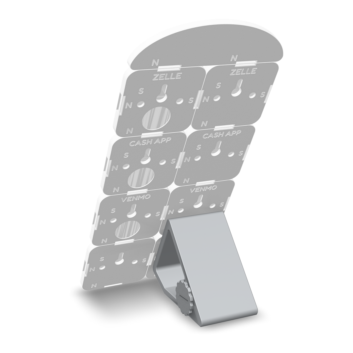 Back of the example tile sign on its printed kickstand: keyholes, peg holes and magnet windows in every tile, the stand hung on one tile's keyhole
