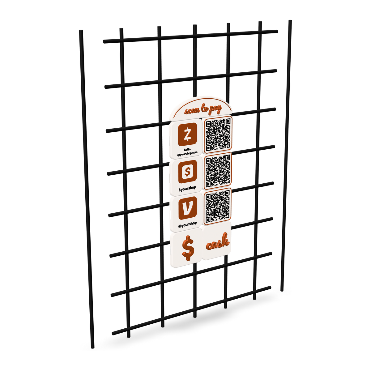 Example tile sign hung on booth gridwall from two printed gridwall mounts