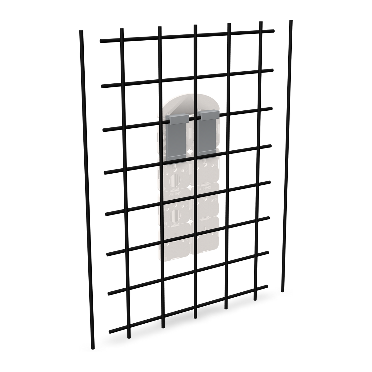 Back of a tile sign on booth gridwall: two printed mounts hooked over the wire, the sign on their studs