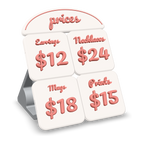 3D printed price sign of four price tiles with item names and prices in raised lettering under a prices header, on its printed kickstand