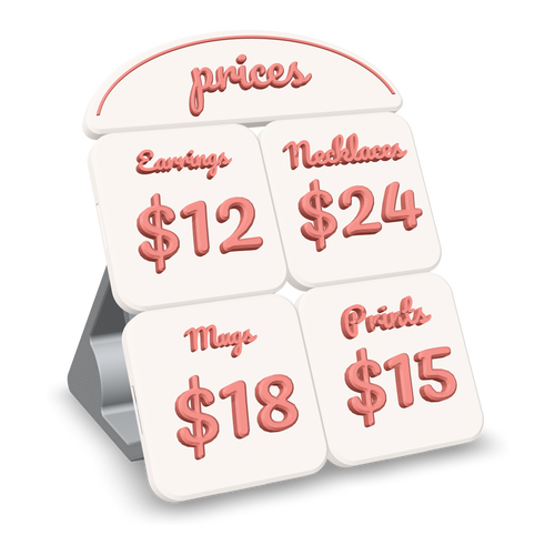 3D printed price sign of four price tiles with item names and prices in raised lettering under a prices header, on its printed kickstand