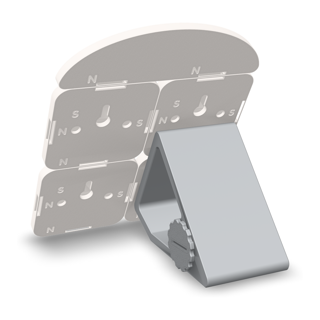 Back of the 3D printed price sign of four price tiles with item names and prices in raised lettering under a prices header on its printed kickstand, the stand hung on one tile's keyhole: keyholes, peg holes and magnet windows in every tile