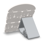 Back of the 3D printed price sign of four price tiles with item names and prices in raised lettering under a prices header on its printed kickstand, the stand hung on one tile's keyhole: keyholes, peg holes and magnet windows in every tile
