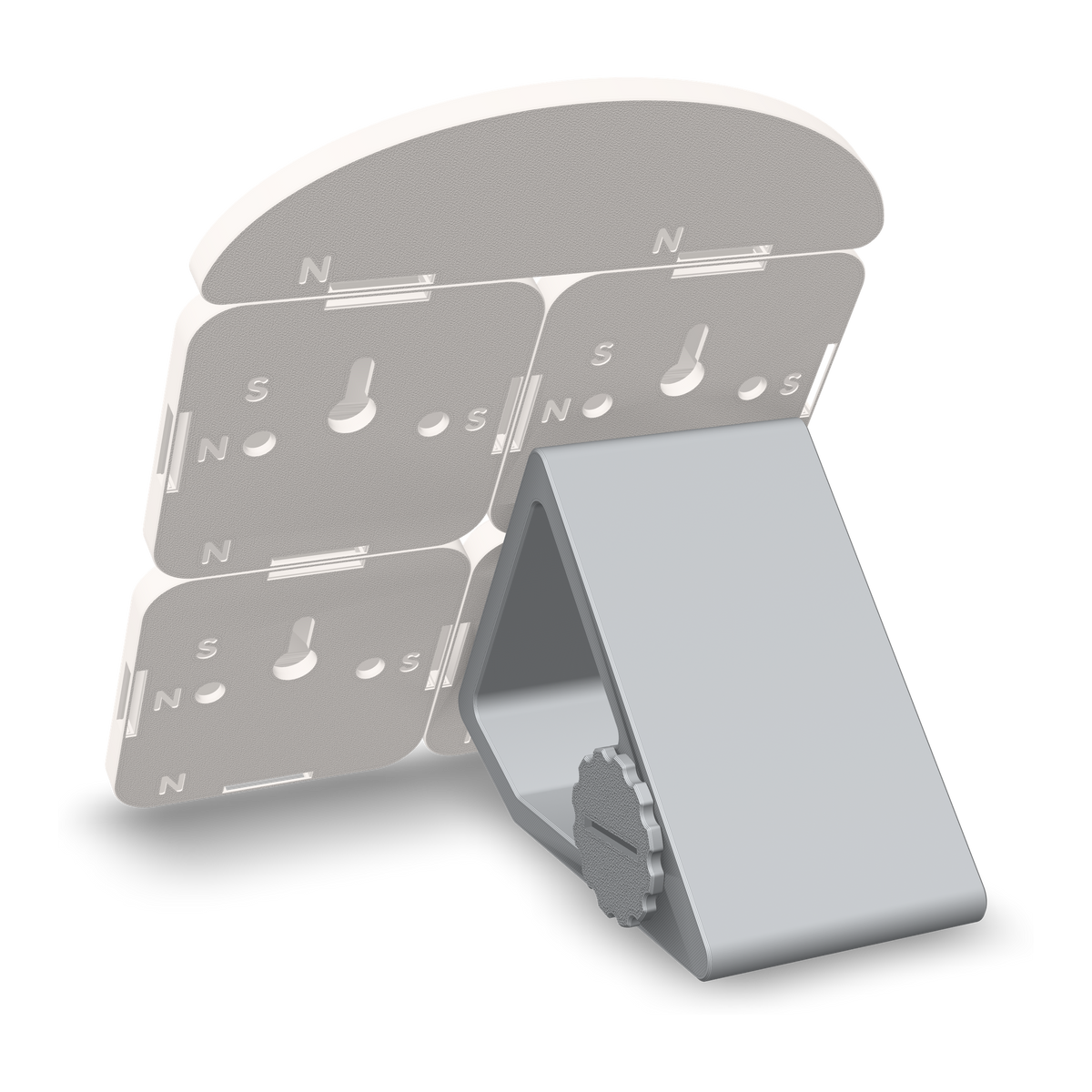 Back of the 3D printed price sign of four price tiles with item names and prices in raised lettering under a prices header on its printed kickstand, the stand hung on one tile's keyhole: keyholes, peg holes and magnet windows in every tile