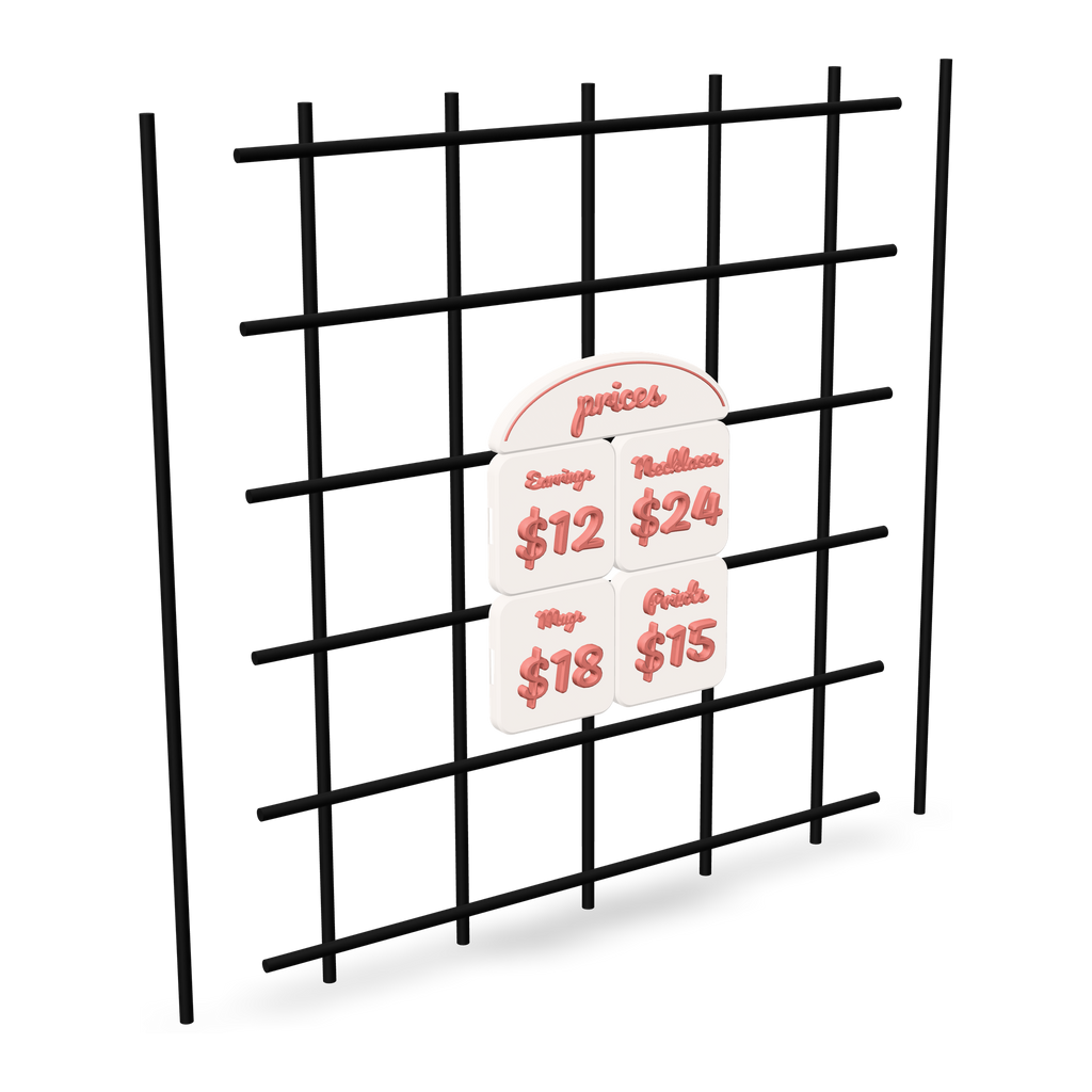 3D printed price sign of four price tiles with item names and prices in raised lettering under a prices header hung on booth gridwall from two printed gridwall mounts