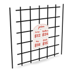 3D printed price sign of four price tiles with item names and prices in raised lettering under a prices header hung on booth gridwall from two printed gridwall mounts