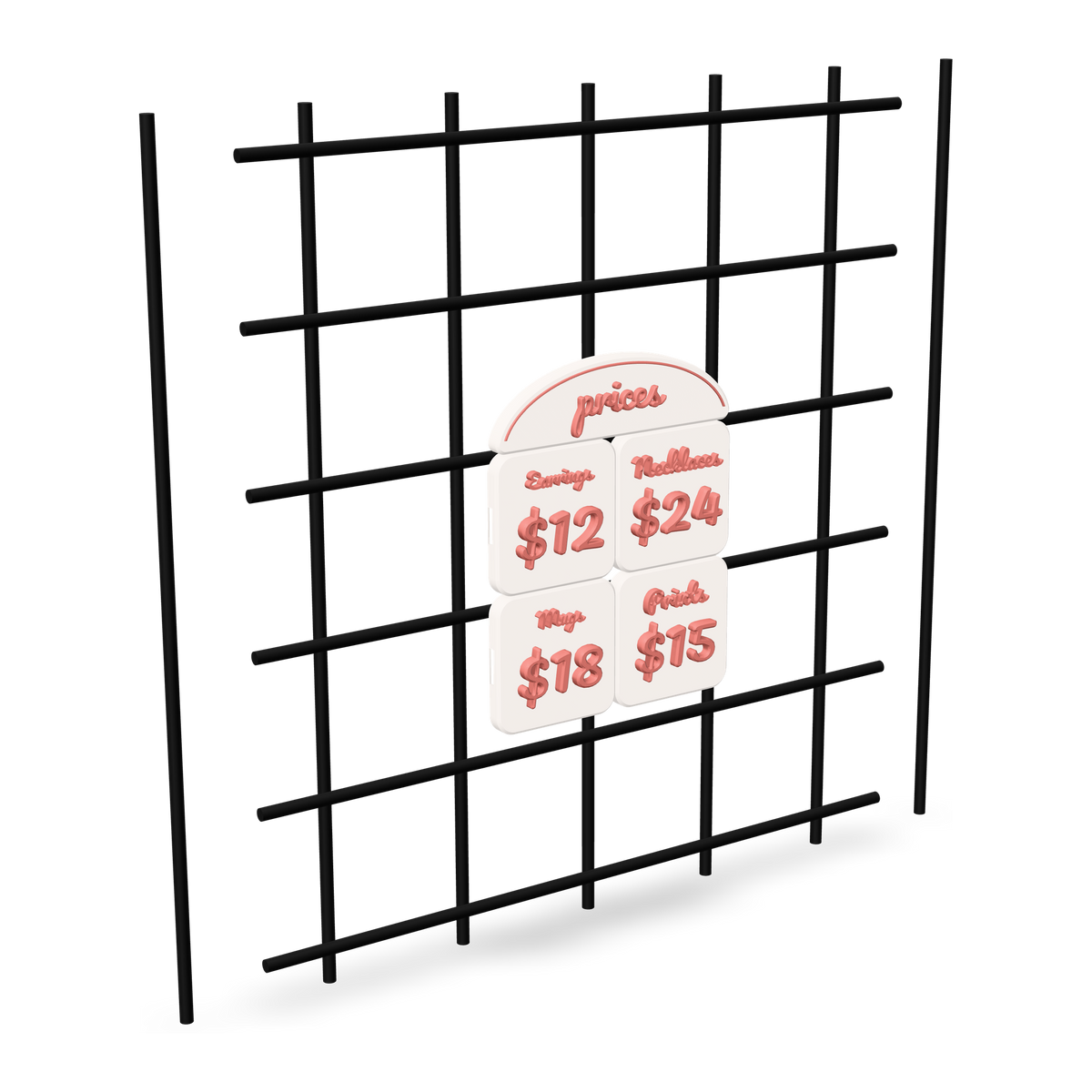 3D printed price sign of four price tiles with item names and prices in raised lettering under a prices header hung on booth gridwall from two printed gridwall mounts