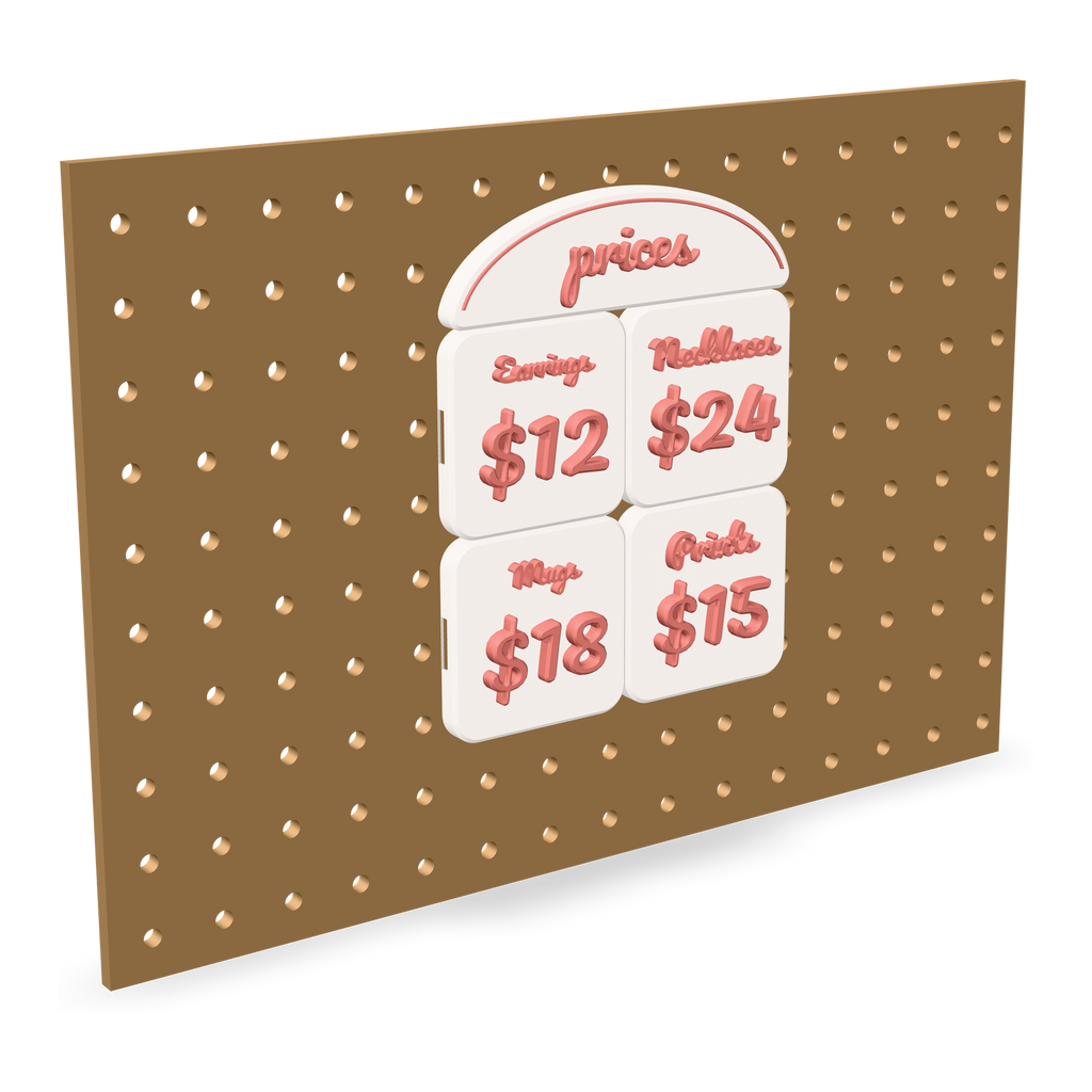 3D printed price sign of four price tiles with item names and prices in raised lettering under a prices header hung on pegboard with its printed pegboard mount