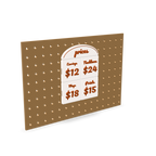 3D printed price sign of four price tiles with item names and prices in raised lettering under a prices header hung on pegboard with its printed pegboard mount
