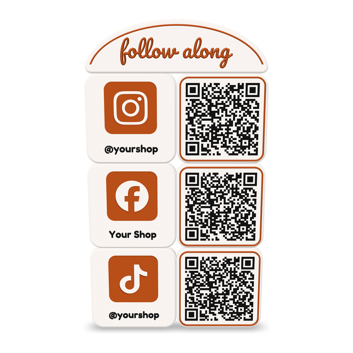 Custom 3D printed follow-along social media sign with Instagram, Facebook and TikTok QR code tiles