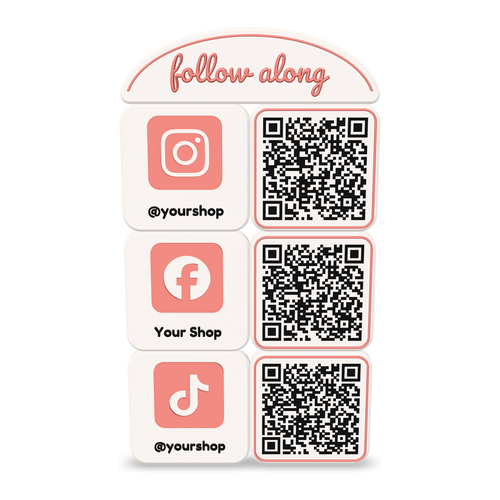 Custom 3D printed follow-along social media sign with Instagram, Facebook and TikTok QR code tiles