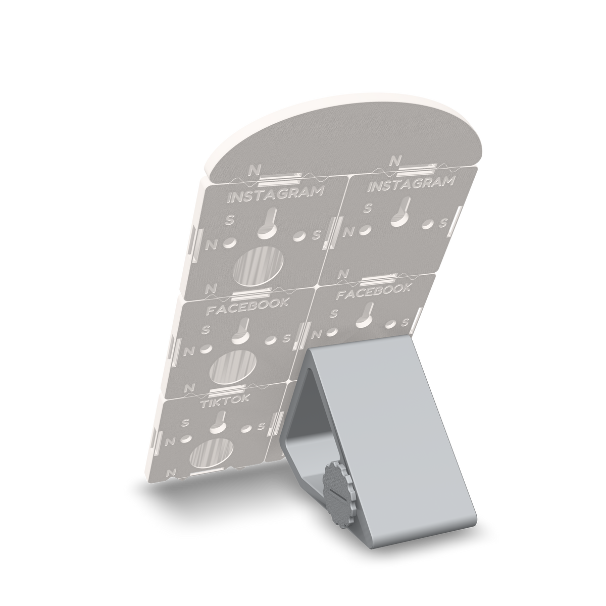 Back of the 3D printed social media sign with Instagram, Facebook and TikTok QR code tiles on its printed kickstand, the stand hung on one tile's keyhole: keyholes, peg holes and magnet windows in every tile