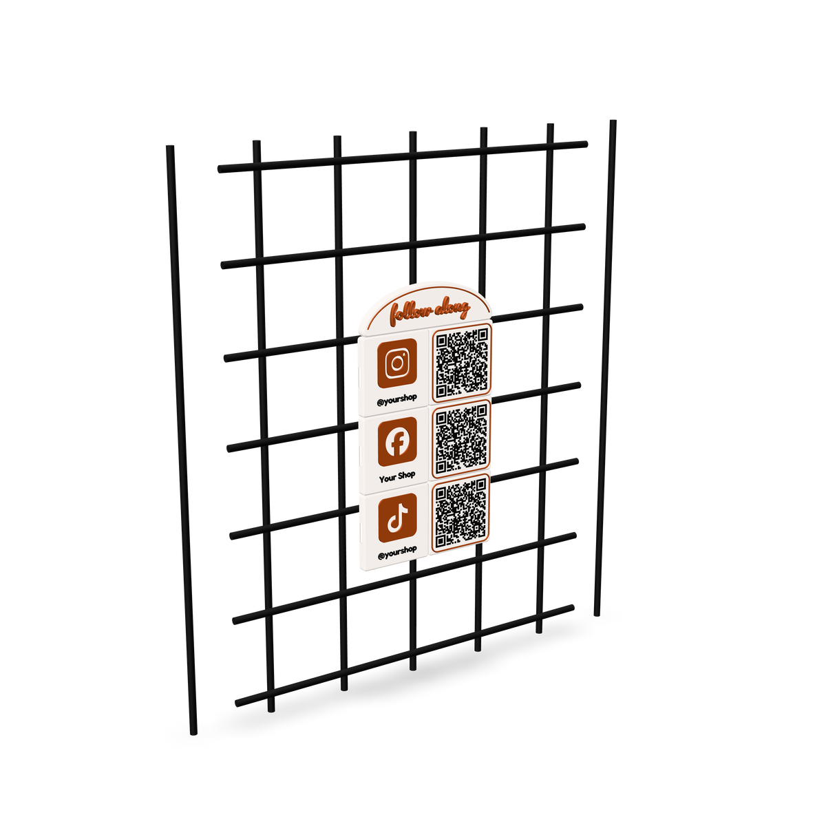 3D printed social media sign with Instagram, Facebook and TikTok QR code tiles hung on booth gridwall from two printed gridwall mounts