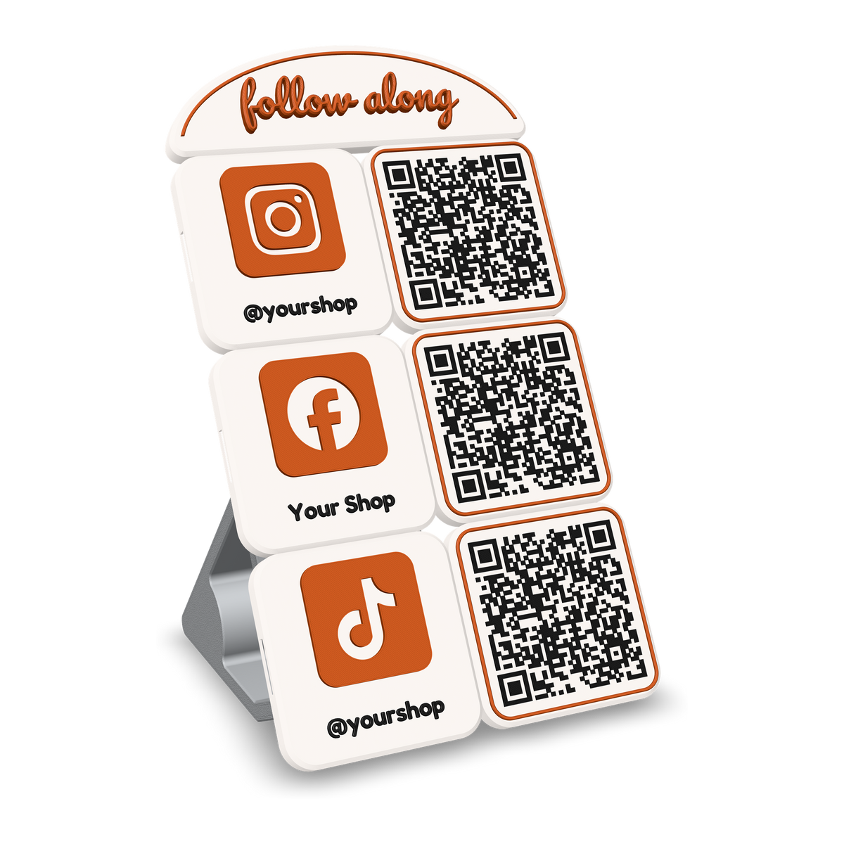 3D printed social media sign with Instagram, Facebook and TikTok QR code tiles, on its printed kickstand