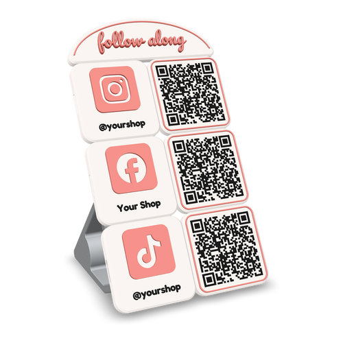 3D printed social media sign with Instagram, Facebook and TikTok QR code tiles, on its printed kickstand