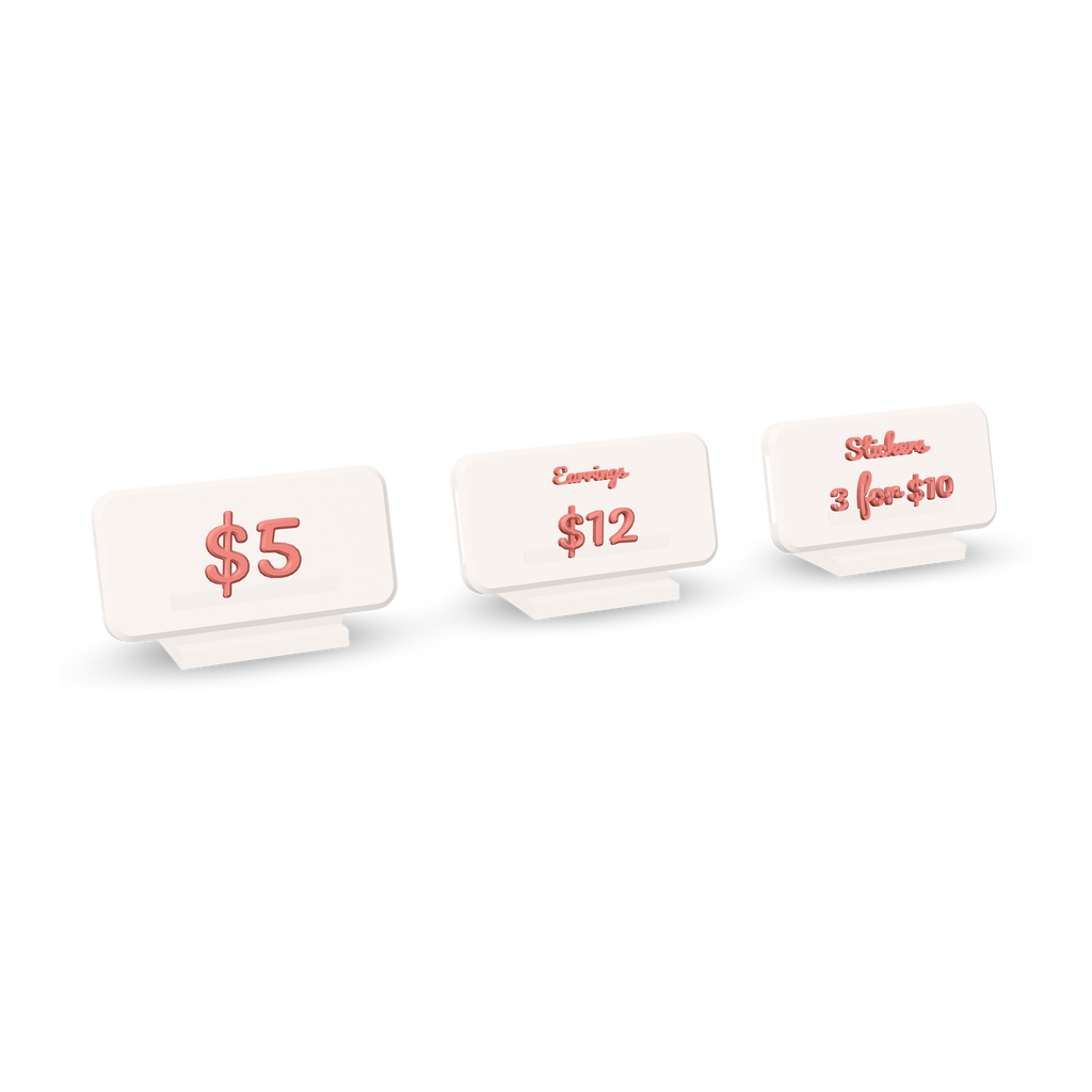 3D printed price tags with item names and prices in raised lettering, three standing apart, each on its own printed easel