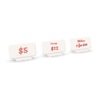 3D printed price tags with item names and prices in raised lettering, three standing apart, each on its own printed easel