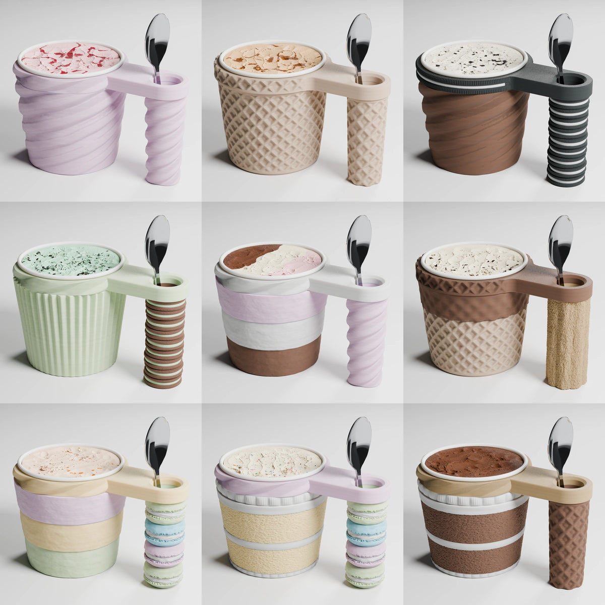 Ice cream pint holder: nine of the 2,040 top, sleeve and handle combinations