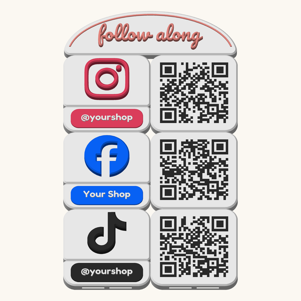 Custom 3D printed follow-along social media sign with Instagram, Facebook and TikTok QR code tiles