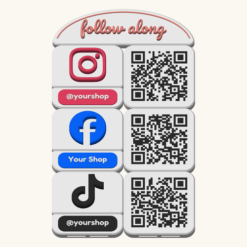 Custom 3D printed follow-along social media sign with Instagram, Facebook and TikTok QR code tiles